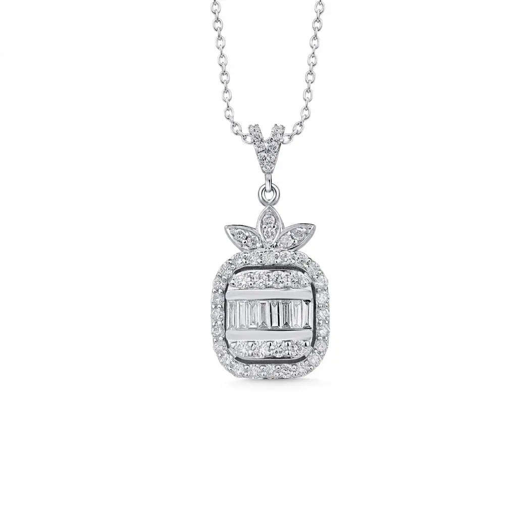 14ct/14K White Gold Natural Diamond Pendant – Baguette Round Diamond Halo 0.74ct Majestic Jewellery