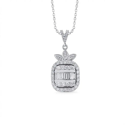 14ct/14K White Gold Natural Diamond Pendant – Baguette Round Diamond Halo 0.74ct Majestic Jewellery
