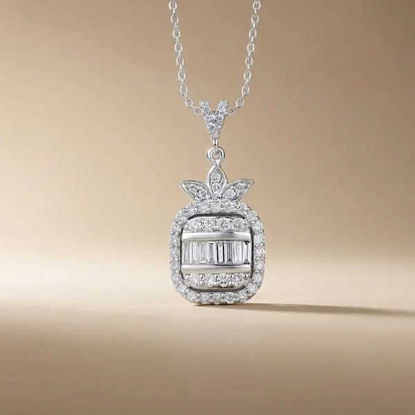 14ct/14K White Gold Natural Diamond Pendant – Baguette Round Diamond Halo 0.74ct Majestic Jewellery