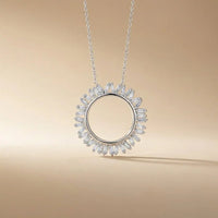 14ct white gold pendant with circular baguette diamond sunburst 0.45ct worn on a chain by Majestic Jewellery
