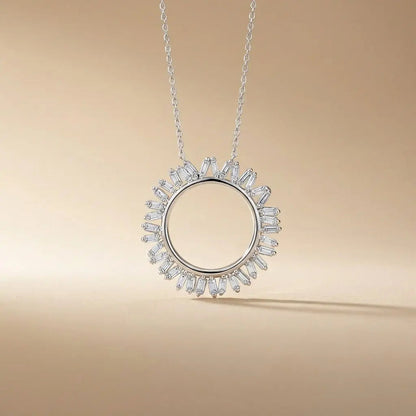 14ct white gold pendant with circular baguette diamond sunburst 0.45ct worn on a chain by Majestic Jewellery