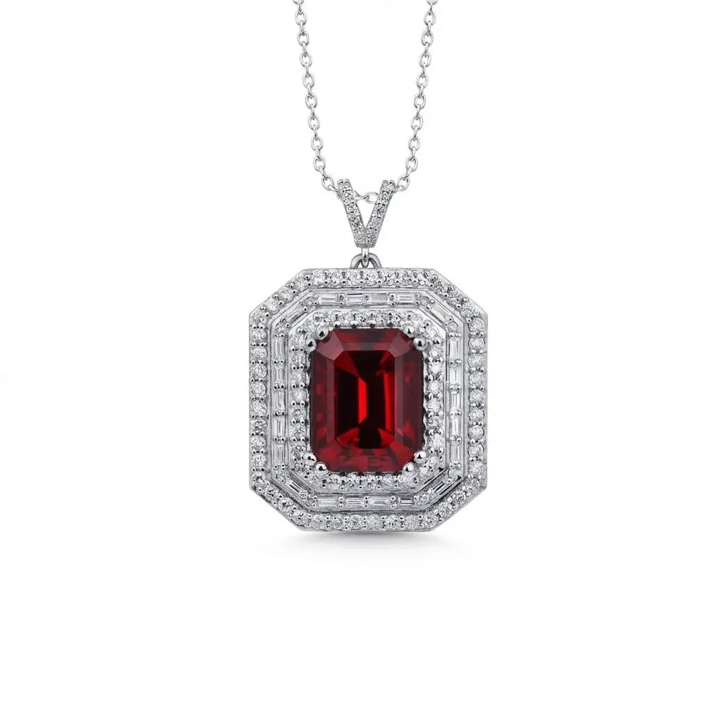 14ct/14K White Gold Ruby & Diamond Pendant – Emerald Cut Ruby Diamond Halo 1.12ct Majestic Jewellery