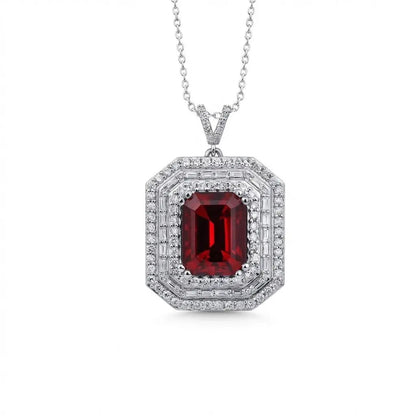 14ct/14K White Gold Ruby & Diamond Pendant – Emerald Cut Ruby Diamond Halo 1.12ct Majestic Jewellery