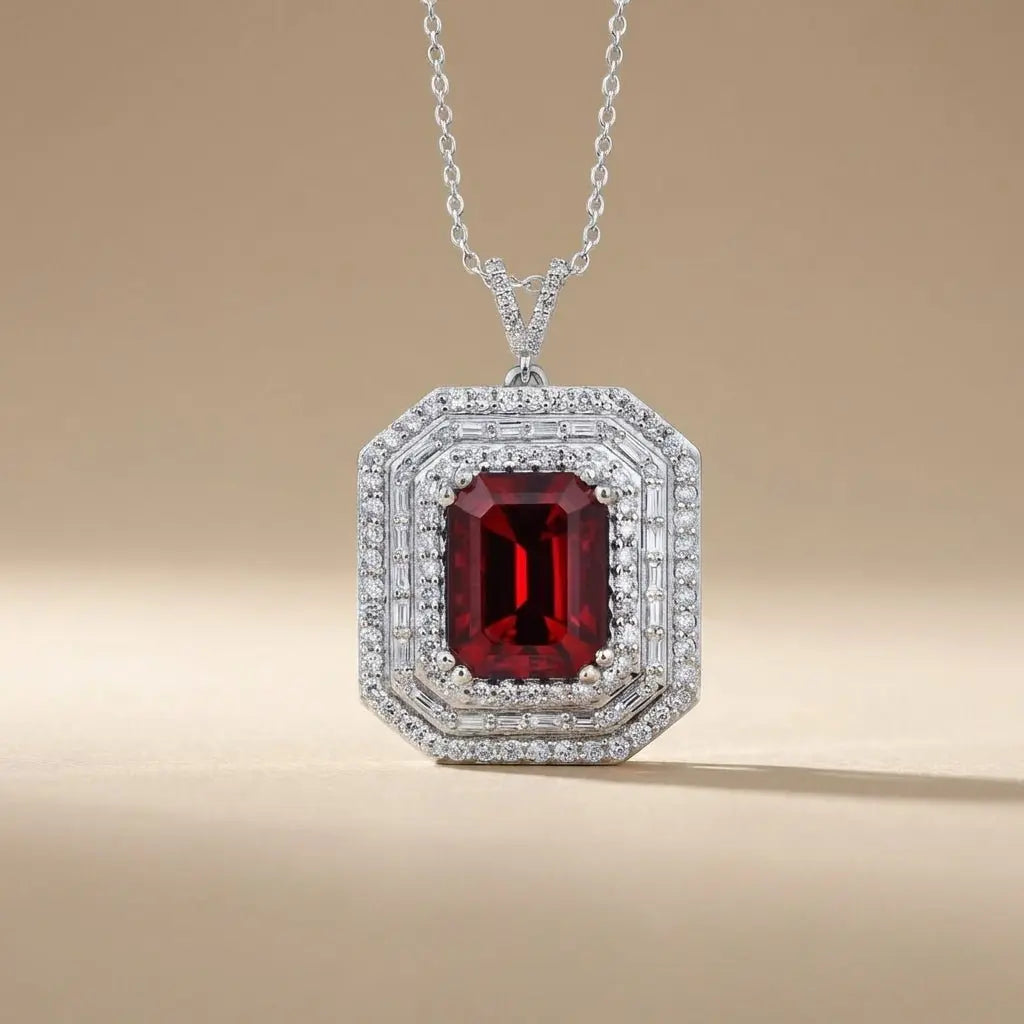 14ct 14k white gold — 14ct/14K White Gold Ruby & Diamond Pendant – Emerald Cut Ruby Diamond Halo 1.12ct