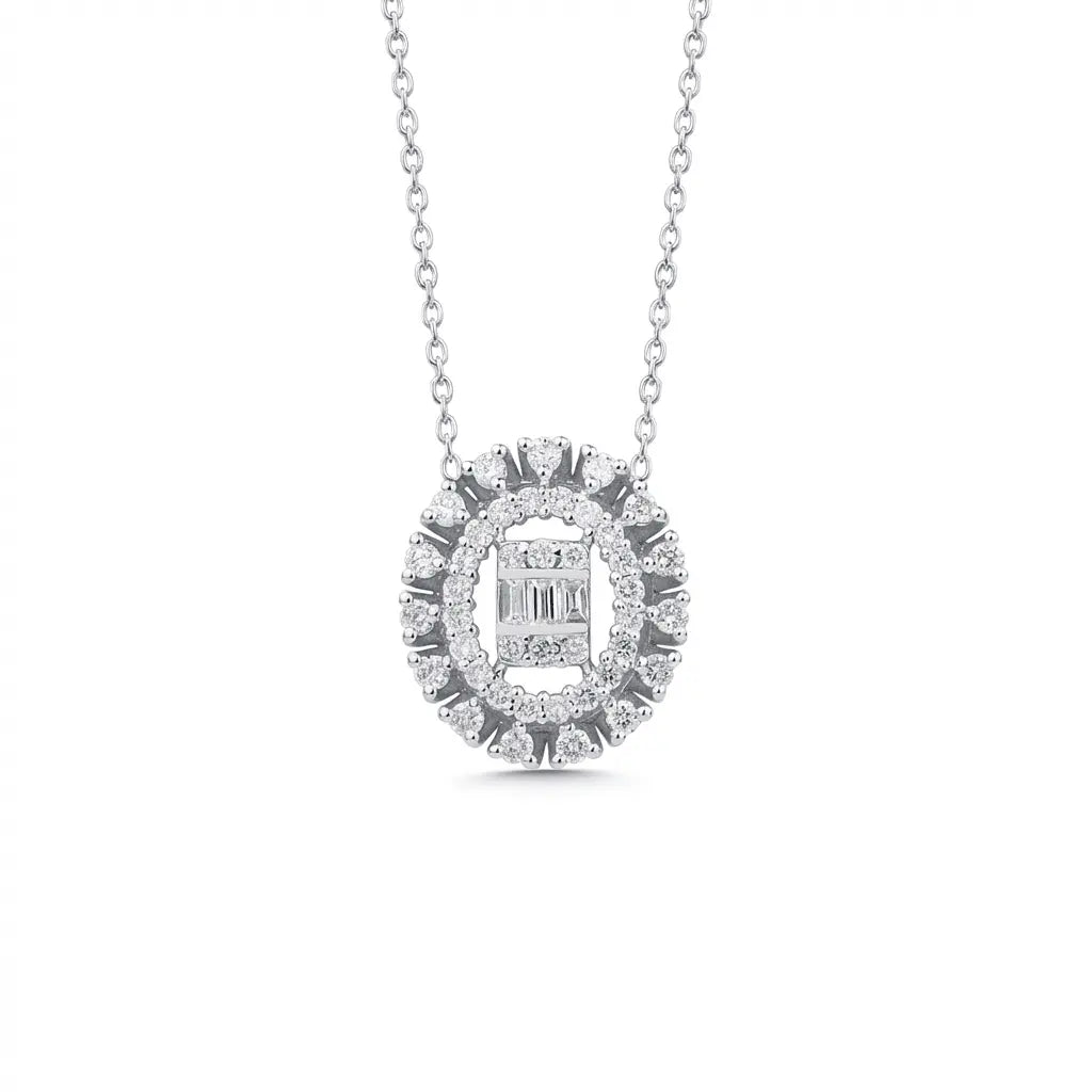 14ct white gold oval halo diamond pendant with baguette center 0.37ct by Majestic Jewellery