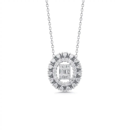 14ct white gold oval halo diamond pendant with baguette center 0.37ct by Majestic Jewellery