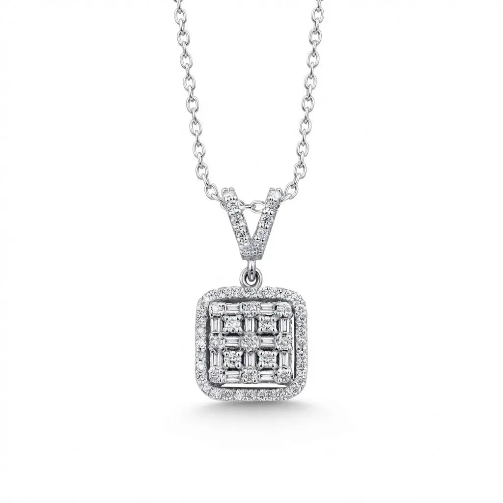 A square cluster of natural diamonds set in 14k white gold pendant worn on a chain by Majestic Jewellery.