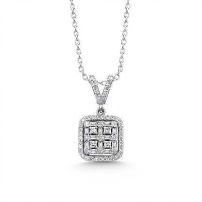 A square cluster of natural diamonds set in 14k white gold pendant worn on a chain by Majestic Jewellery.