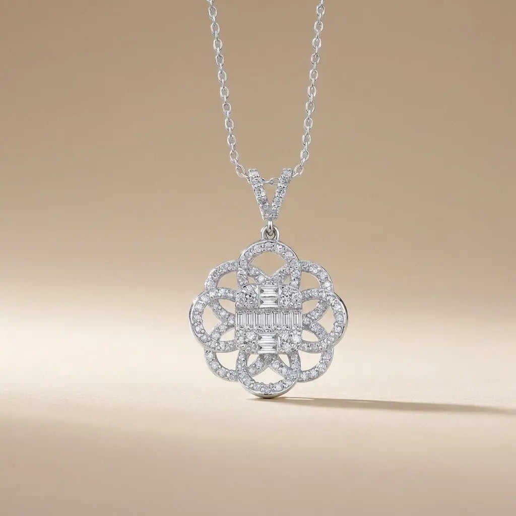 14ct/14K White Gold Natural Diamond Pendant – Floral Diamond with Baguette Center 0.61ct Majestic Jewellery