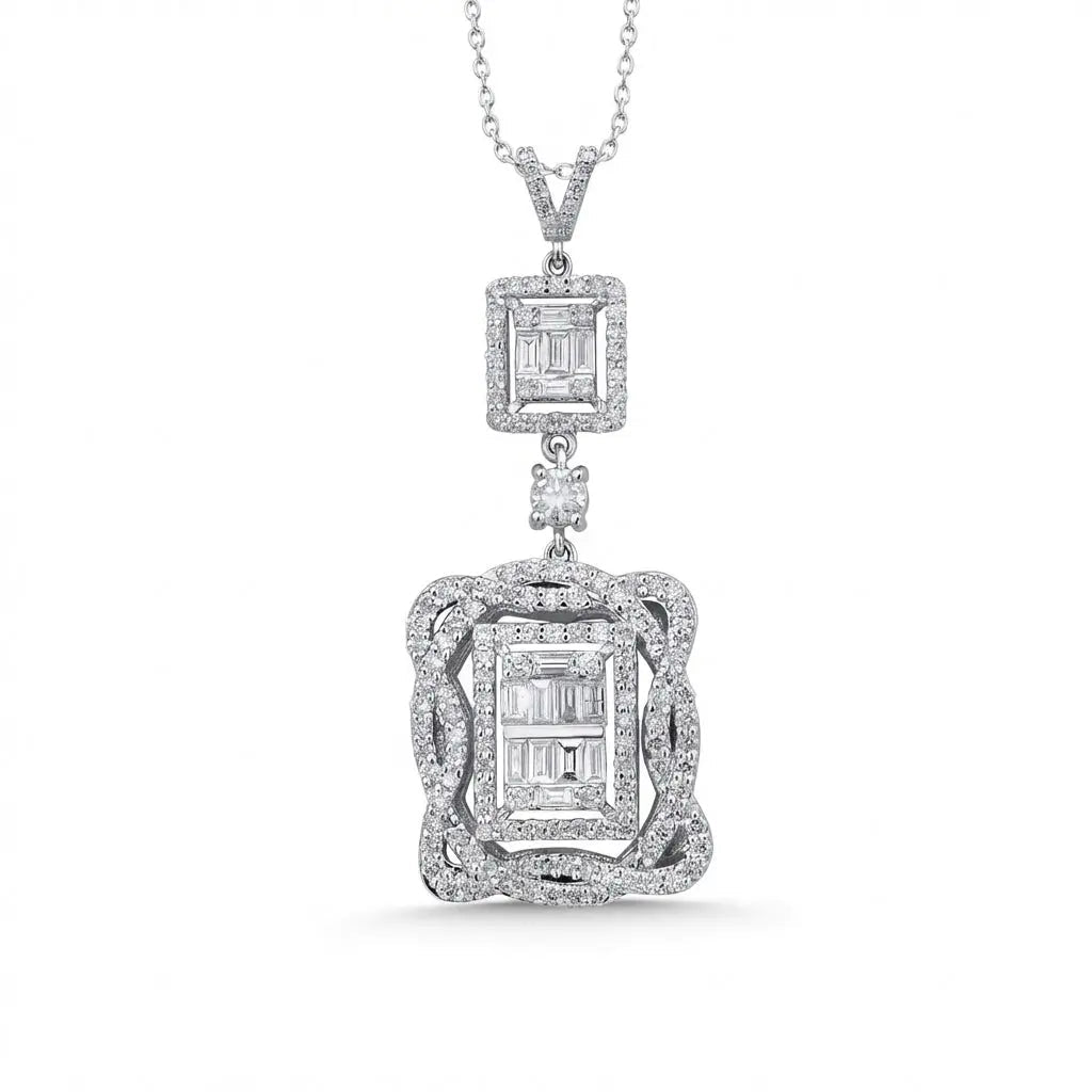 14ct/14K White Gold Natural Diamond Pendant – Double Halo Baguette Diamond Statement 1.44ct Majestic Jewellery