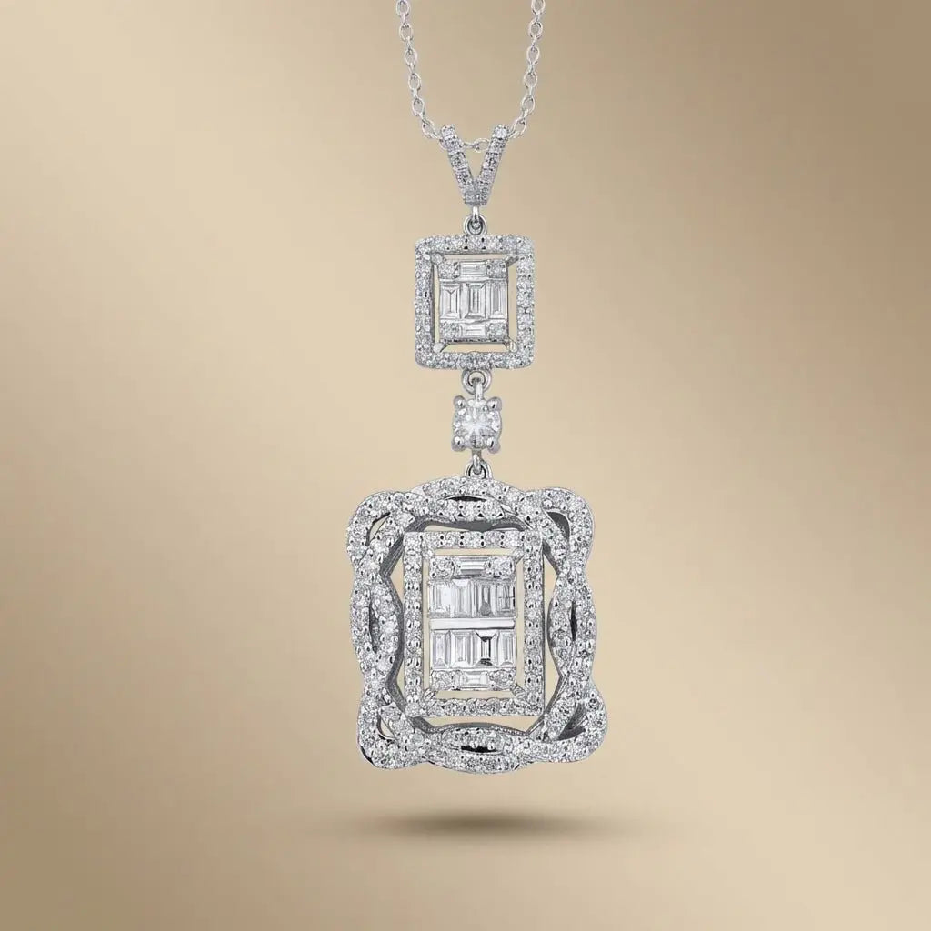14ct/14K White Gold Natural Diamond Pendant – Double Halo Baguette Diamond Statement 1.44ct Majestic Jewellery