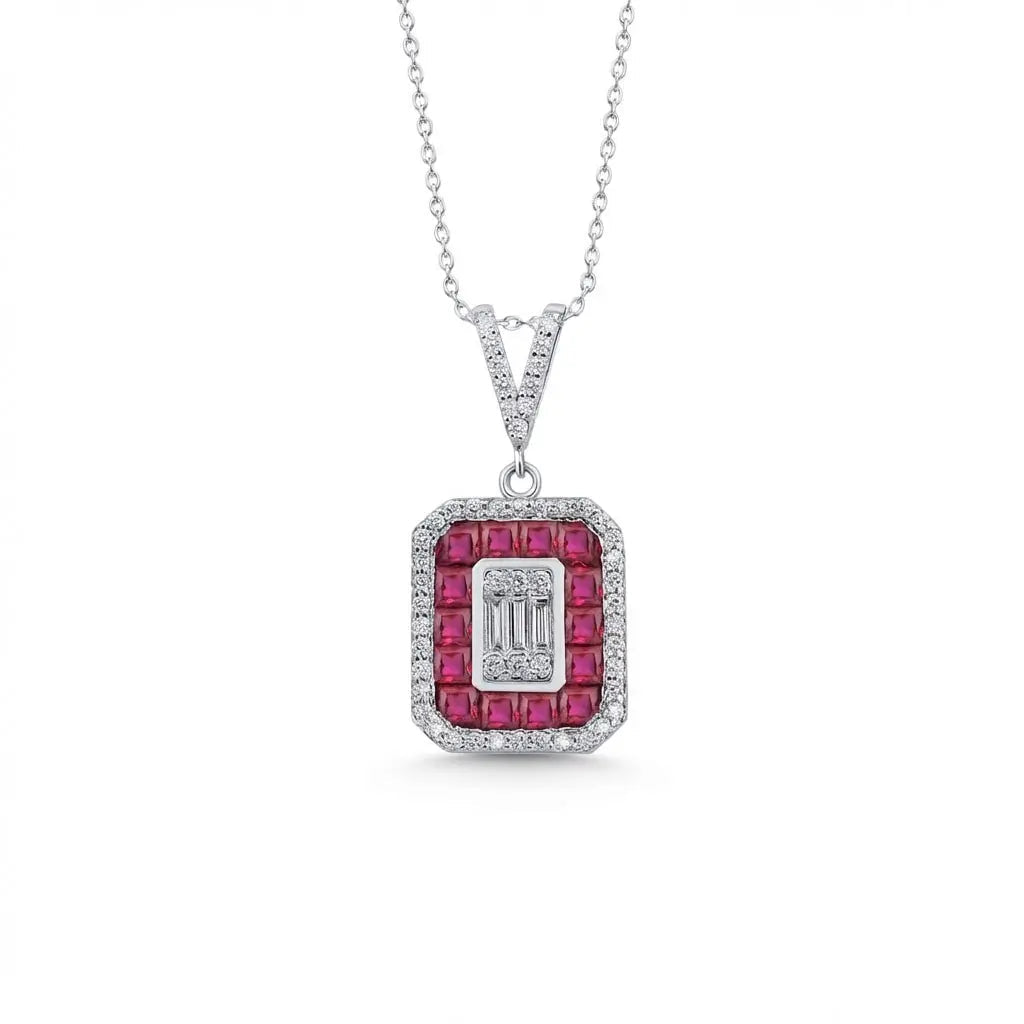 14ct/14K White Gold Ruby & Diamond Pendant – Ruby Halo Diamond with Baguette Center 0.52ct Majestic Jewellery