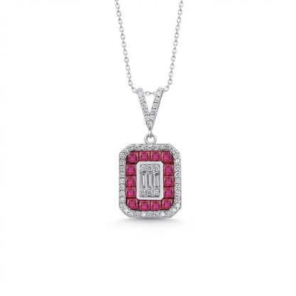 14ct/14K White Gold Ruby & Diamond Pendant – Ruby Halo Diamond with Baguette Center 0.52ct Majestic Jewellery
