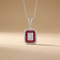 14ct/14K White Gold Ruby & Diamond Pendant – Ruby Halo Diamond with Baguette Center 0.52ct Majestic Jewellery