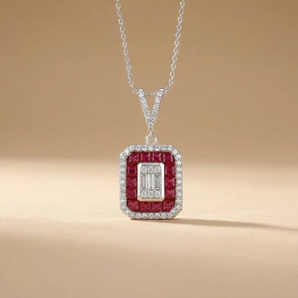 14ct/14K White Gold Ruby & Diamond Pendant – Ruby Halo Diamond with Baguette Center 0.52ct Majestic Jewellery