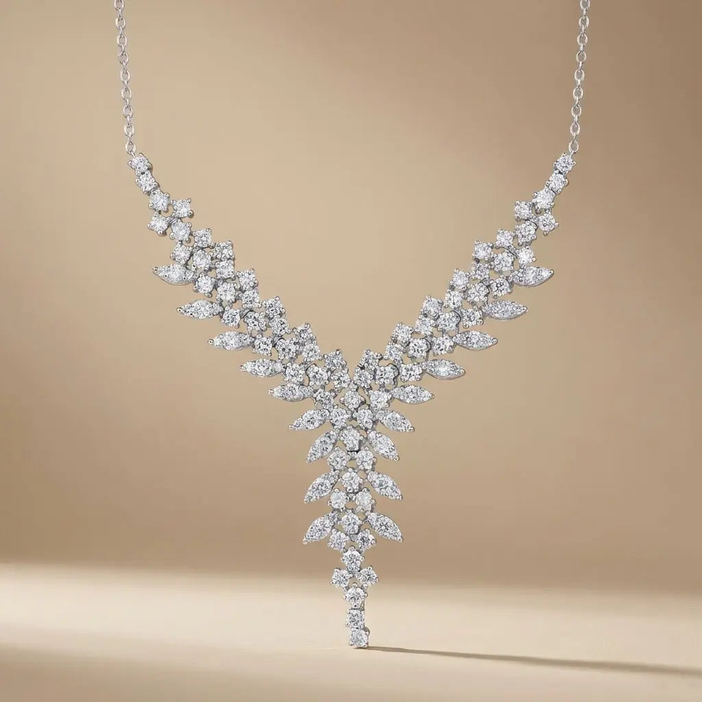 14ct/14K White Gold Natural Diamond Necklace – V Shape Diamond Statement 3.02ct Majestic Jewellery