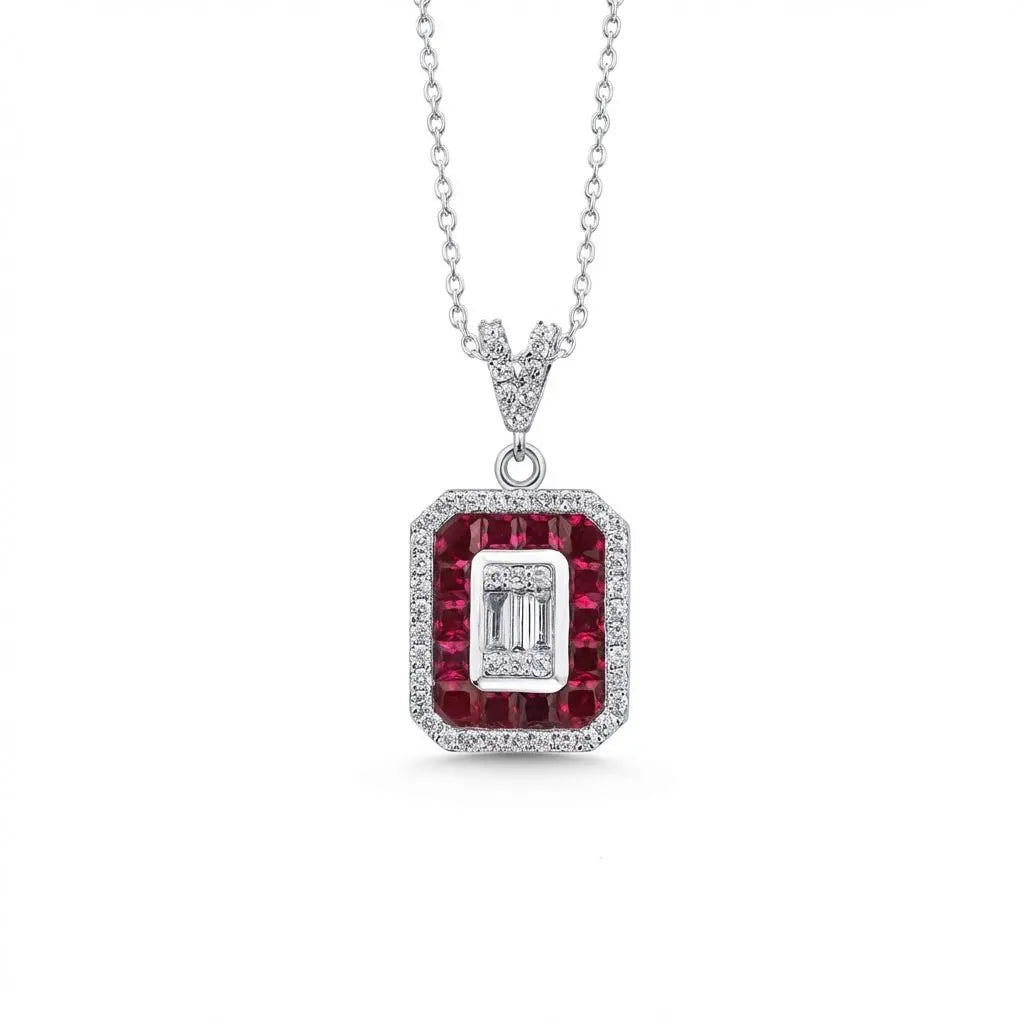 14ct white gold ruby and diamond pendant with ruby halo and baguette diamond 0.31ct by Majestic Jewellery