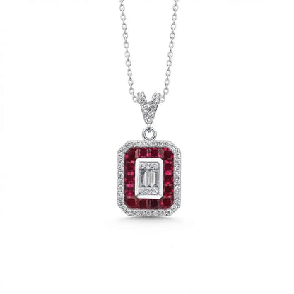 14ct white gold ruby and diamond pendant with ruby halo and baguette diamond 0.31ct by Majestic Jewellery
