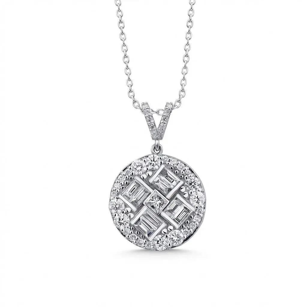 A 14k white gold pendant featuring a round baguette cluster diamond 0.84ct, displayed on a chain by Majestic Jewellery.