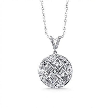 A 14k white gold pendant featuring a round baguette cluster diamond 0.84ct, displayed on a chain by Majestic Jewellery.