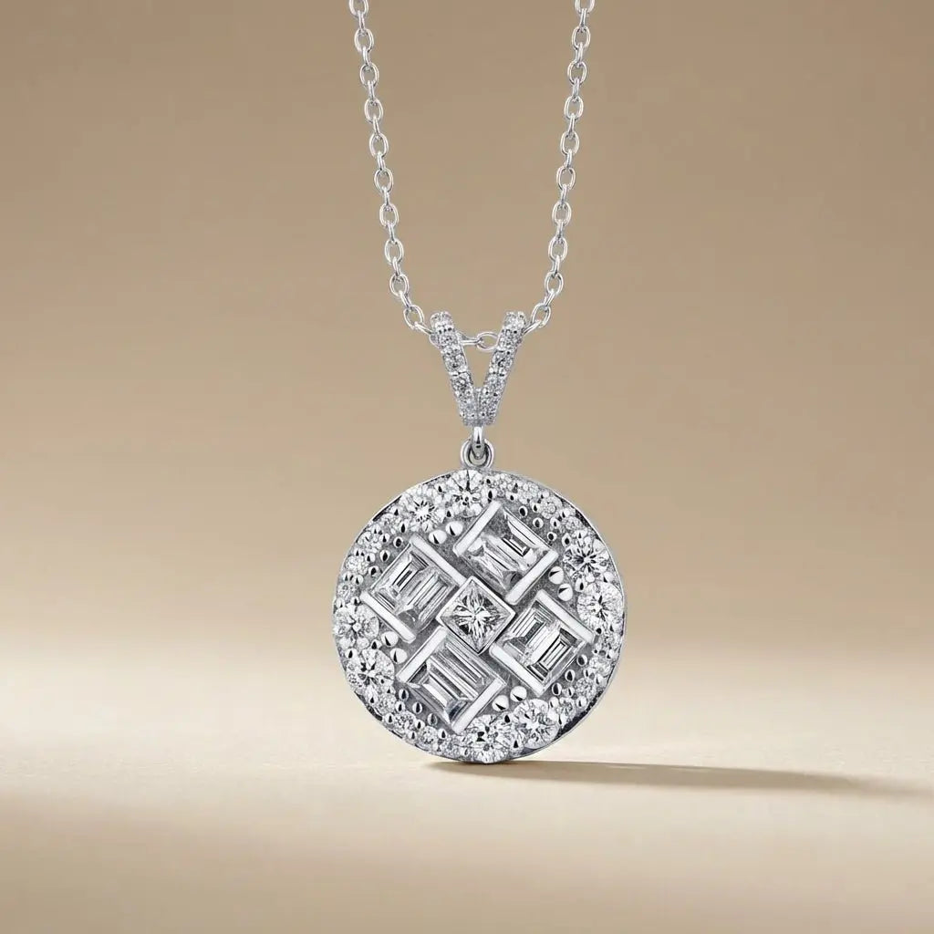 14ct white gold diamond pendant with round baguette cluster and 0.84ct diamonds by Majestic Jewellery.