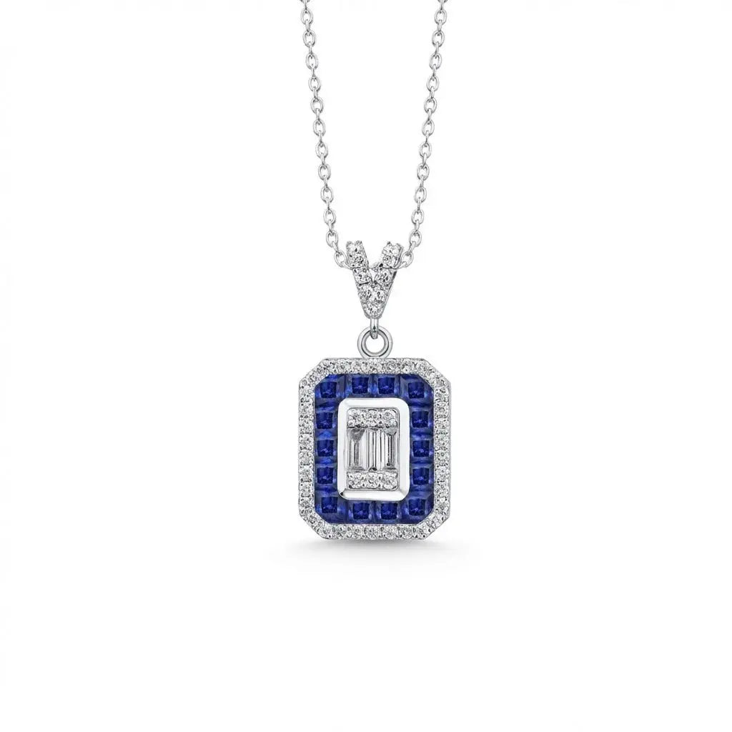 14ct/14K White Gold Sapphire & Diamond Pendant – Sapphire Halo Baguette Diamond 0.35ct Majestic Jewellery