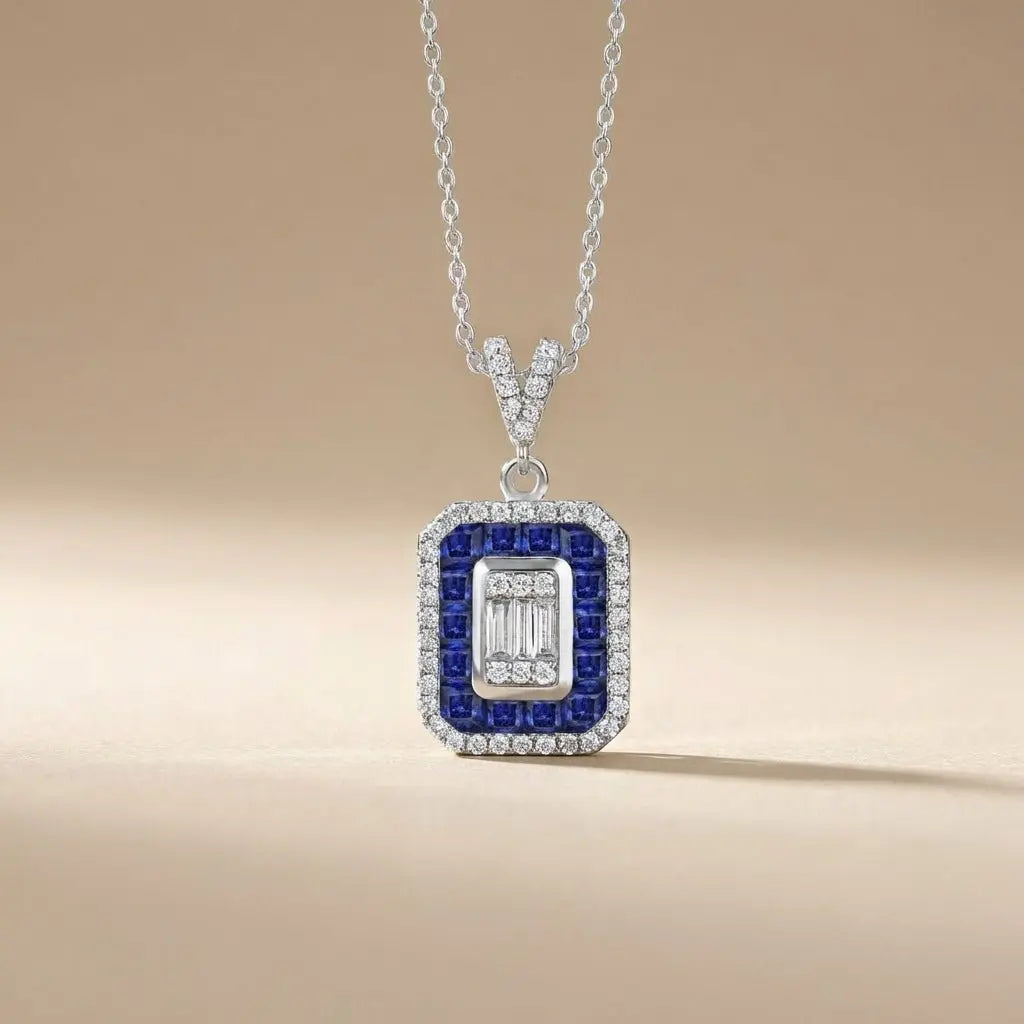 14ct/14K White Gold Sapphire & Diamond Pendant – Sapphire Halo Baguette Diamond 0.35ct Majestic Jewellery