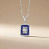 14ct/14K White Gold Sapphire & Diamond Pendant – Sapphire Halo Baguette Diamond 0.35ct Majestic Jewellery