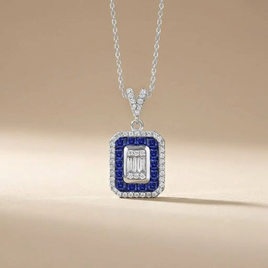 14ct/14K White Gold Sapphire & Diamond Pendant – Sapphire Halo Baguette Diamond 0.35ct Majestic Jewellery