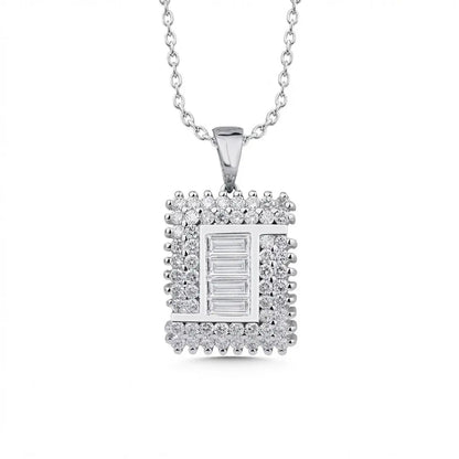 A 14ct white gold pendant featuring a square baguette diamond center with 1.03ct, displayed on a chain by Majestic Jewellery.