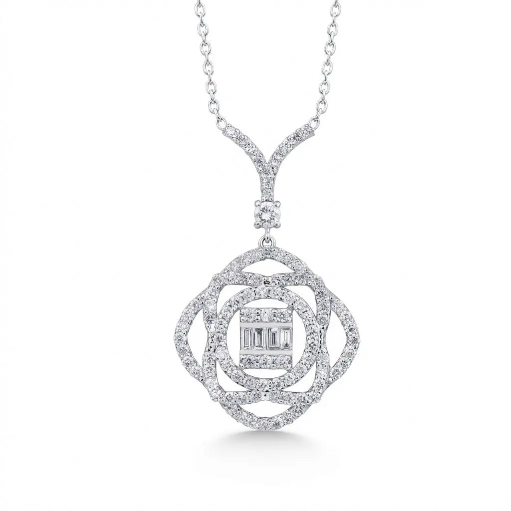 14ct/14K White Gold Natural Diamond Pendant – Floral Halo Baguette Diamond 0.86ct Majestic Jewellery