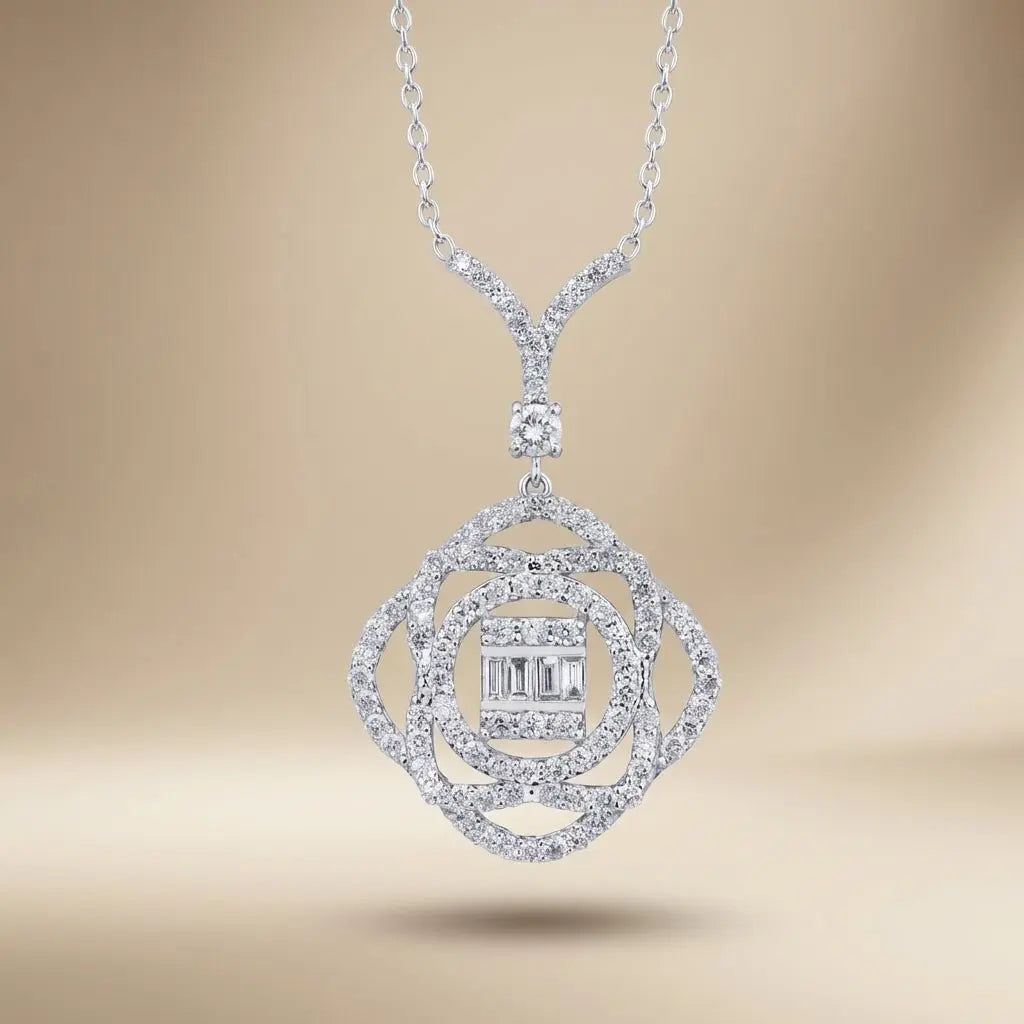 14ct/14K White Gold Natural Diamond Pendant – Floral Halo Baguette Diamond 0.86ct Majestic Jewellery