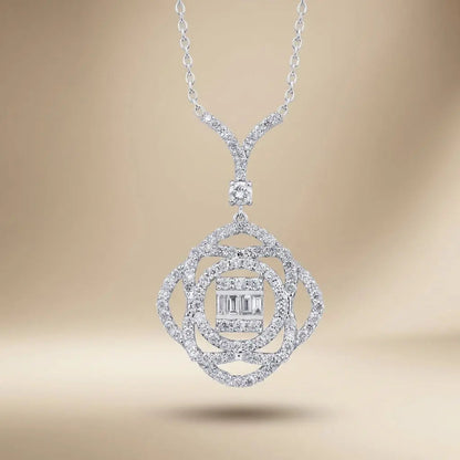 14ct/14K White Gold Natural Diamond Pendant – Floral Halo Baguette Diamond 0.86ct Majestic Jewellery