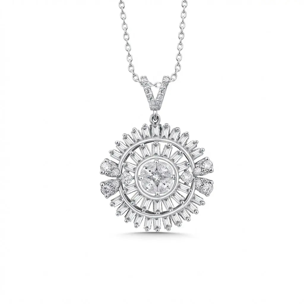 14ct white gold pendant with sunburst baguette diamond 1.28ct by Majestic Jewellery