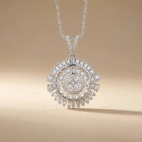 14ct white gold pendant with sunburst baguette diamond 1.28ct worn on a necklace by Majestic Jewellery.