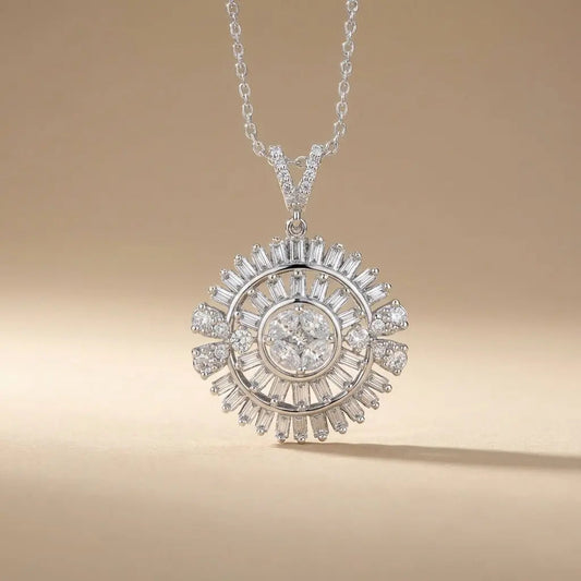 14ct white gold pendant with sunburst baguette diamond 1.28ct worn on a necklace by Majestic Jewellery.