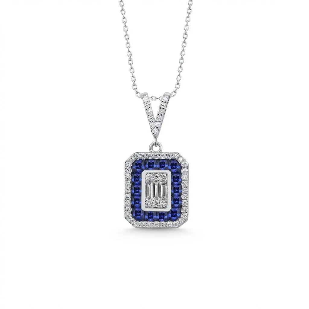 14ct/14K White Gold Sapphire & Diamond Pendant – Sapphire Halo Baguette Diamond 0.62ct Majestic Jewellery