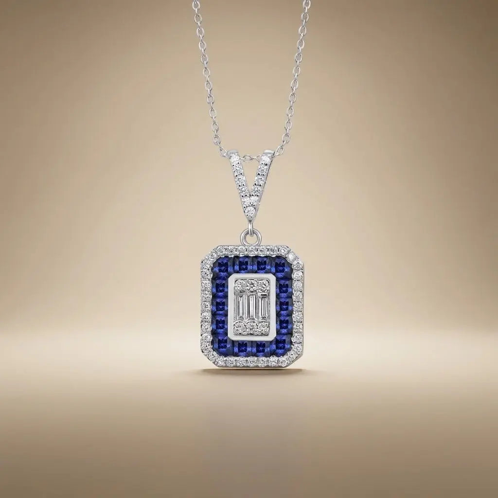14ct/14K White Gold Sapphire & Diamond Pendant – Sapphire Halo Baguette Diamond 0.62ct Majestic Jewellery