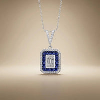 14ct/14K White Gold Sapphire & Diamond Pendant – Sapphire Halo Baguette Diamond 0.62ct Majestic Jewellery