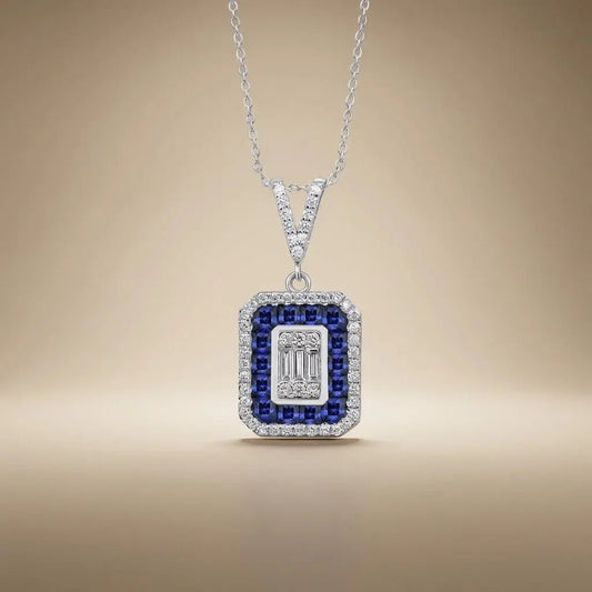 14ct/14K White Gold Sapphire & Diamond Pendant – Sapphire Halo Baguette Diamond 0.62ct Majestic Jewellery