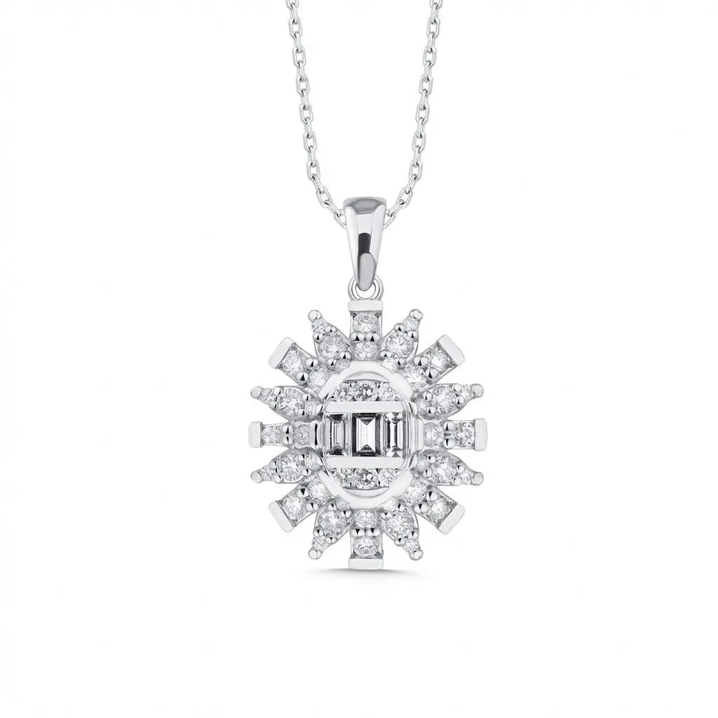 14ct/14K White Gold Natural Diamond Pendant – Sunburst Baguette Round Diamond 0.61ct Majestic Jewellery