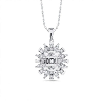 14ct/14K White Gold Natural Diamond Pendant – Sunburst Baguette Round Diamond 0.61ct Majestic Jewellery