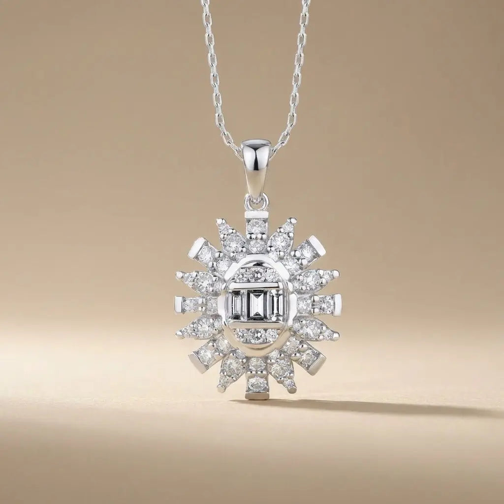 14ct/14K White Gold Natural Diamond Pendant – Sunburst Baguette Round Diamond 0.61ct Majestic Jewellery