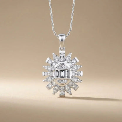 14ct/14K White Gold Natural Diamond Pendant – Sunburst Baguette Round Diamond 0.61ct Majestic Jewellery