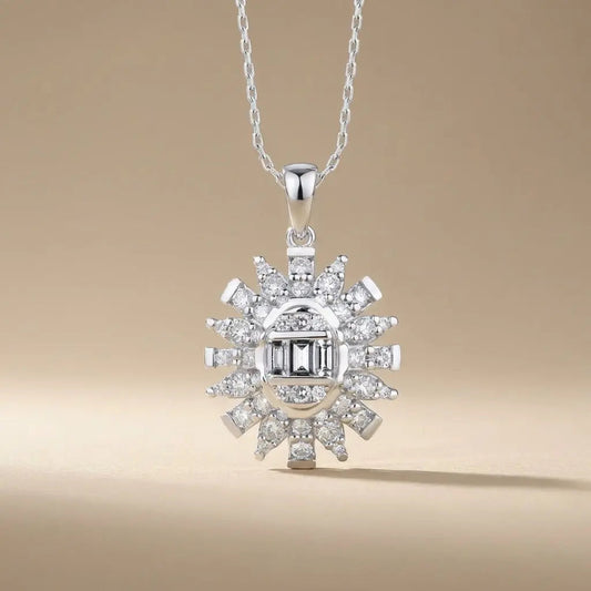 14ct/14K White Gold Natural Diamond Pendant – Sunburst Baguette Round Diamond 0.61ct Majestic Jewellery