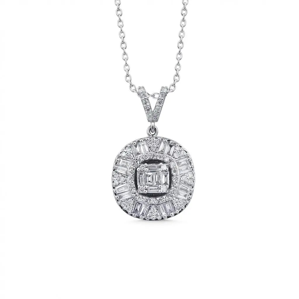 14ct white gold diamond pendant with baguette halo and 0.74ct circle design by Majestic Jewellery