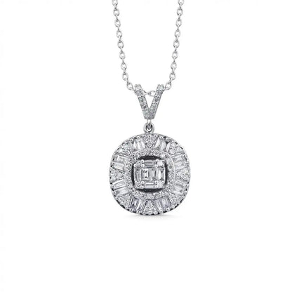 14ct white gold diamond pendant with baguette halo and 0.74ct circle design by Majestic Jewellery