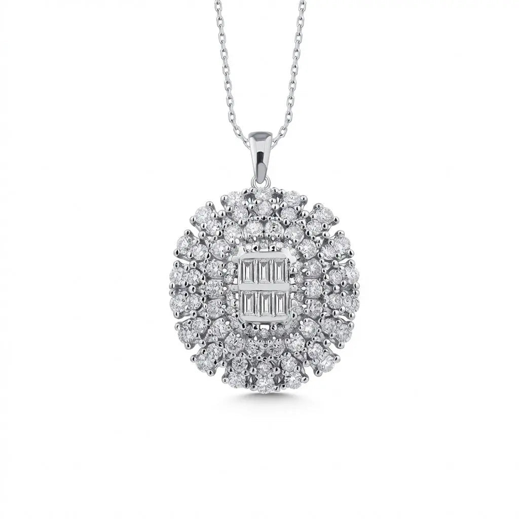 14ct/14K White Gold Natural Diamond Pendant – Oval Baguette Cluster 1.39ct Majestic Jewellery