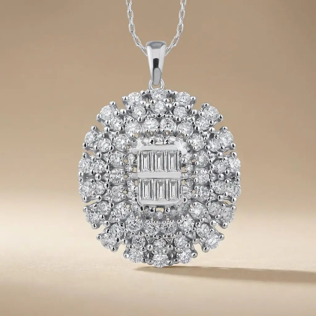 14ct/14K White Gold Natural Diamond Pendant – Oval Baguette Cluster 1.39ct Majestic Jewellery