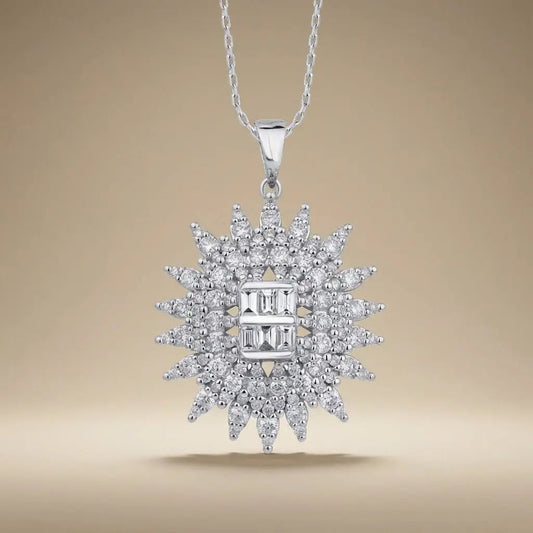 14ct/14K White Gold Natural Diamond Pendant – Radiant Starburst Diamond 1.28ct